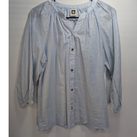 Anne Klein  White Blue Stripe Metallic Button-Down Long Sleeve Womens Top Size M - Picture 1 of 9